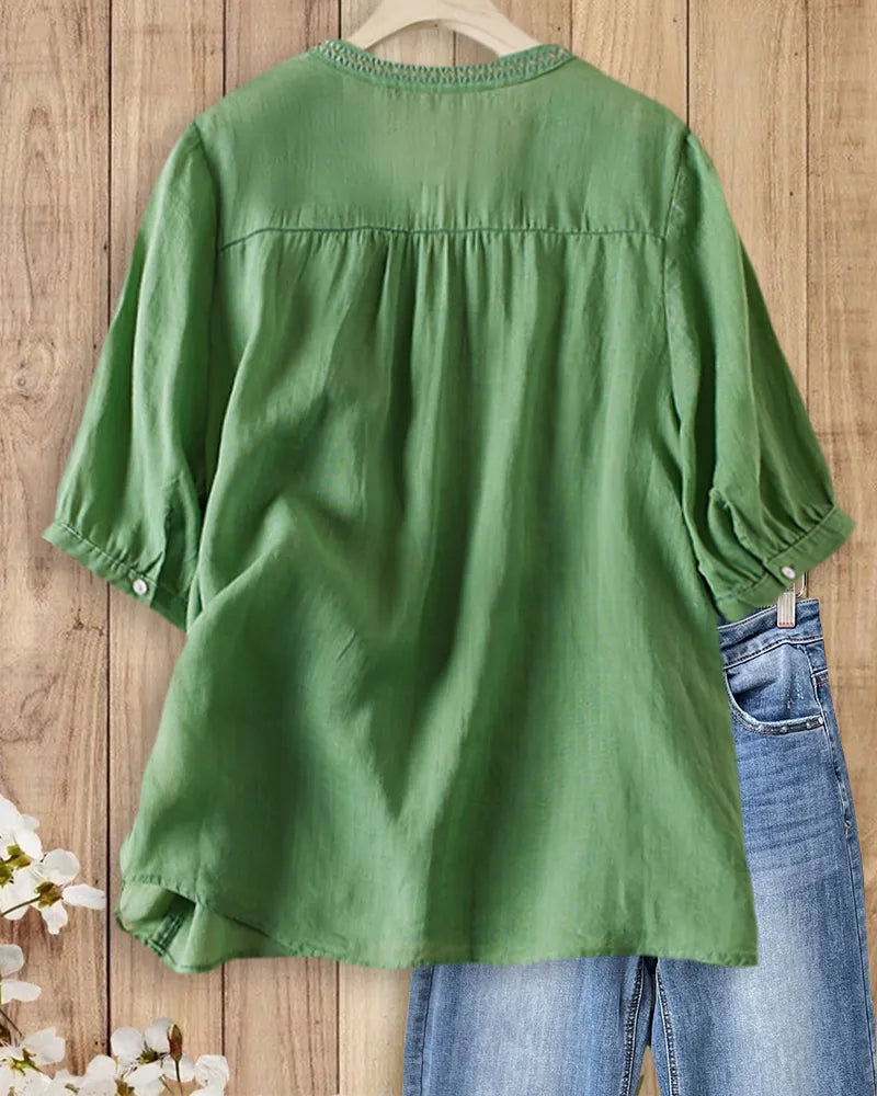 Floral Embroidered V Neck Half Sleeve Loose Casual Blouse