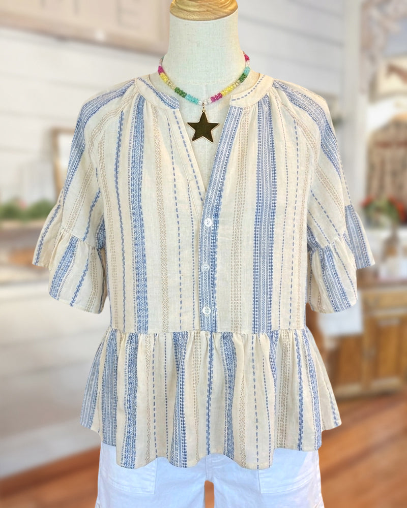 Striped Flare Sleeve Peplum Button Front V-Neck Casual Blouse