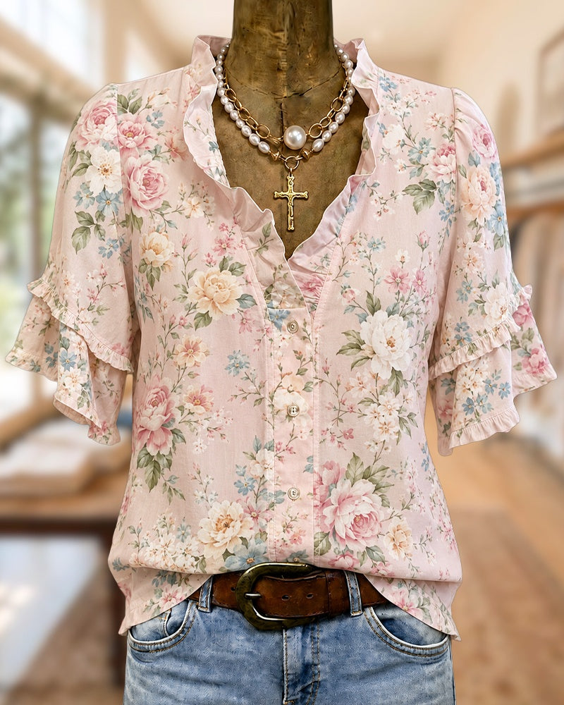 Floral Print Ruffled V Neck Tiered Sleeve Button Up Blouse