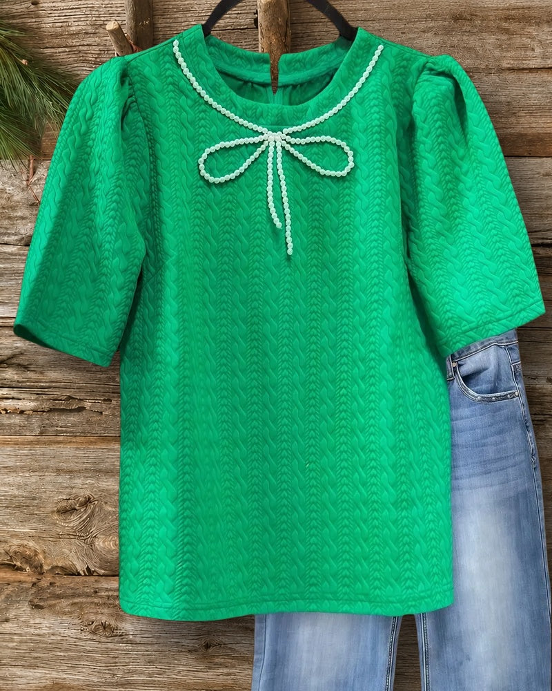 Beaded Bow Decor Round Neck Glamorous Textured T-Shirt