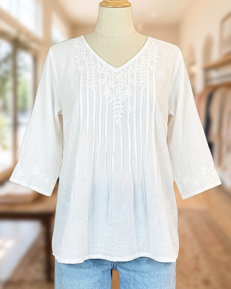 V Neck Floral Embroidered Pintuck 3/4 Sleeve Relaxed Fit Blouse