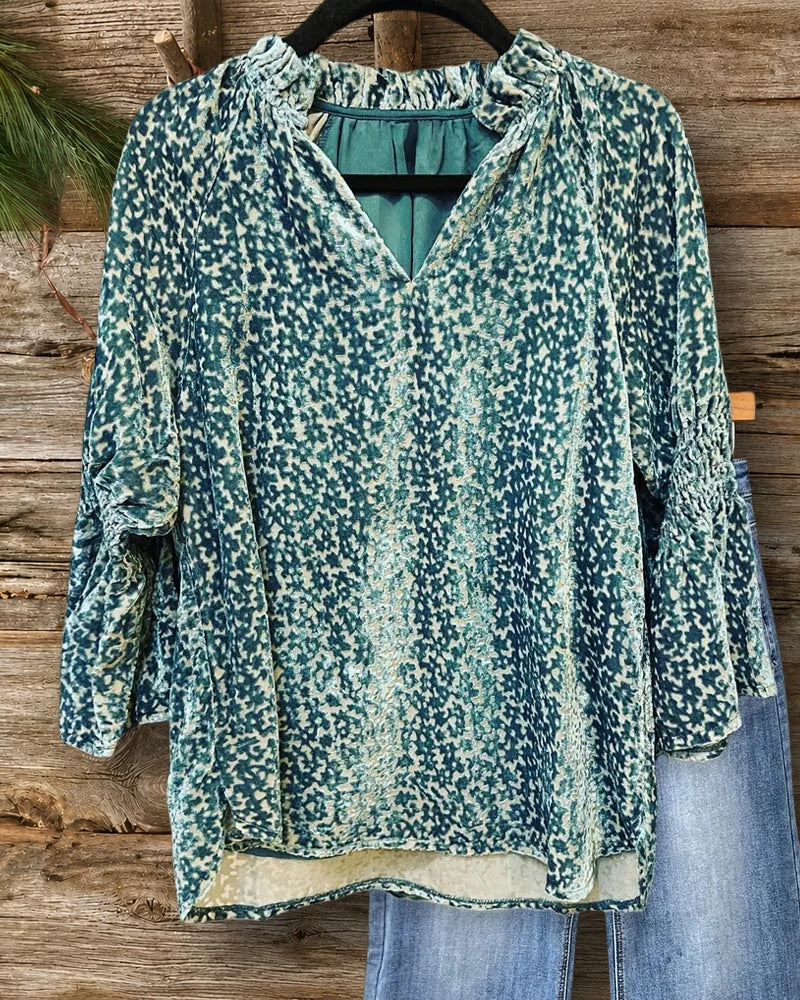 Velvet Bell Sleeve V Neck Blouse
