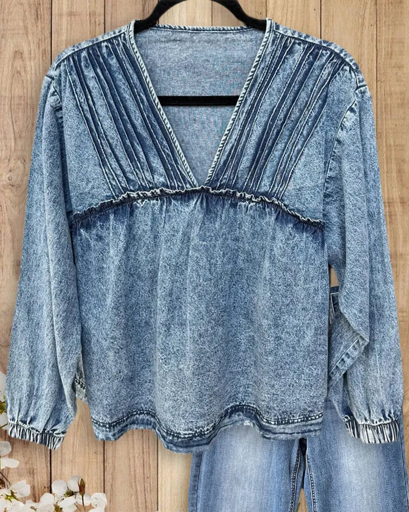 V Neck Pleated Detail Washed Denim Long Sleeve Blouse