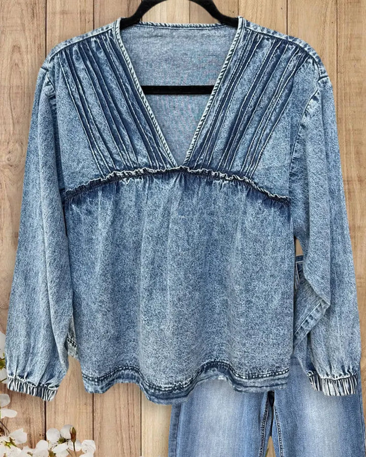 V Neck Pleated Detail Washed Denim Long Sleeve Blouse