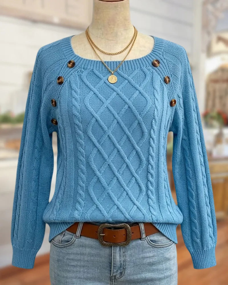 Cable Knit Square Neck Button Decor Long Sleeve Sweater