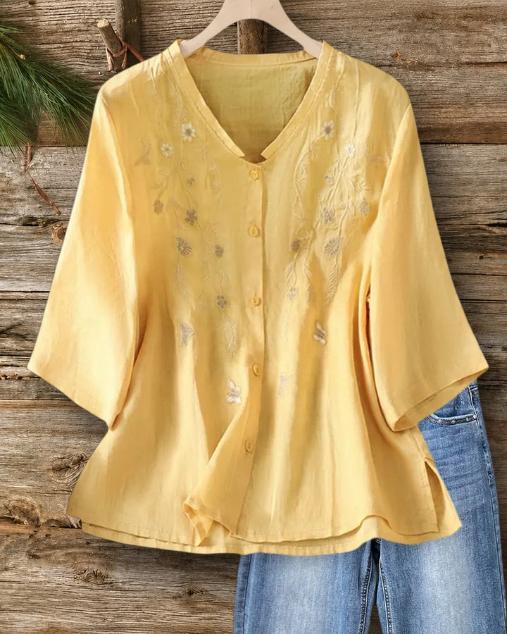 Embroidered V Neck Button Front 3/4 Sleeve Loose Blouse