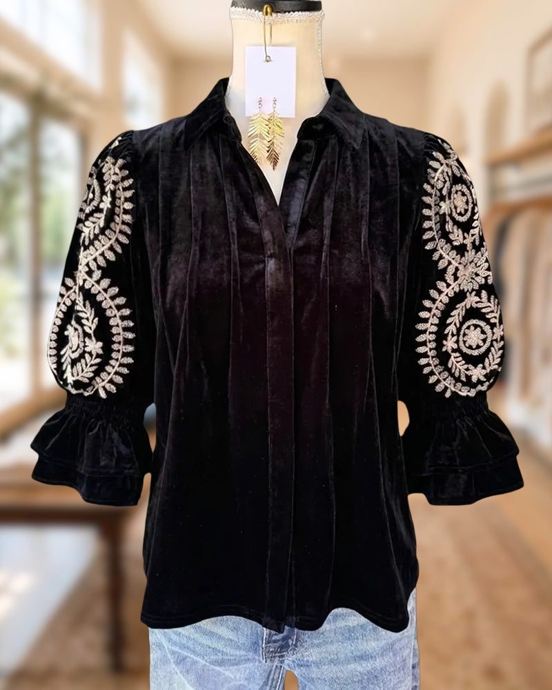 Collared Velvet Floral Embroidery Puff Sleeve Elegant Blouse