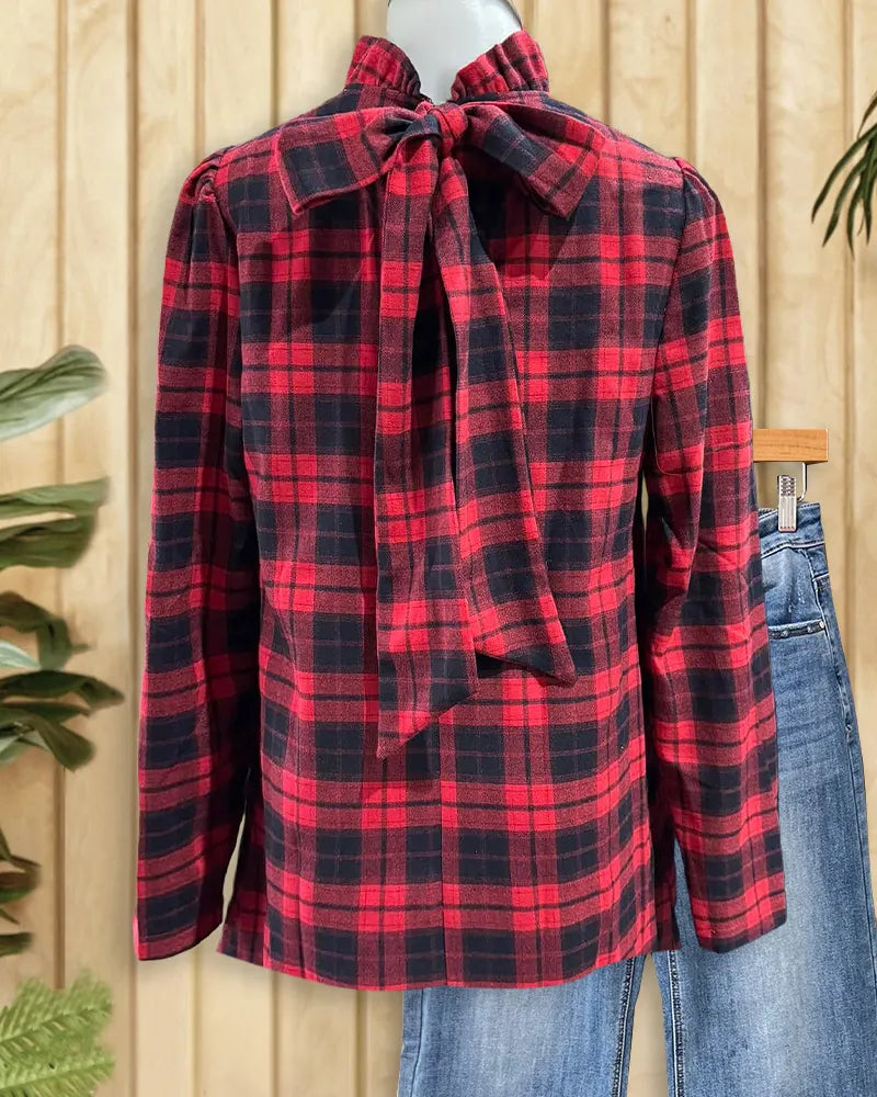 Plaid Playful Back-Tie Bow Blouse