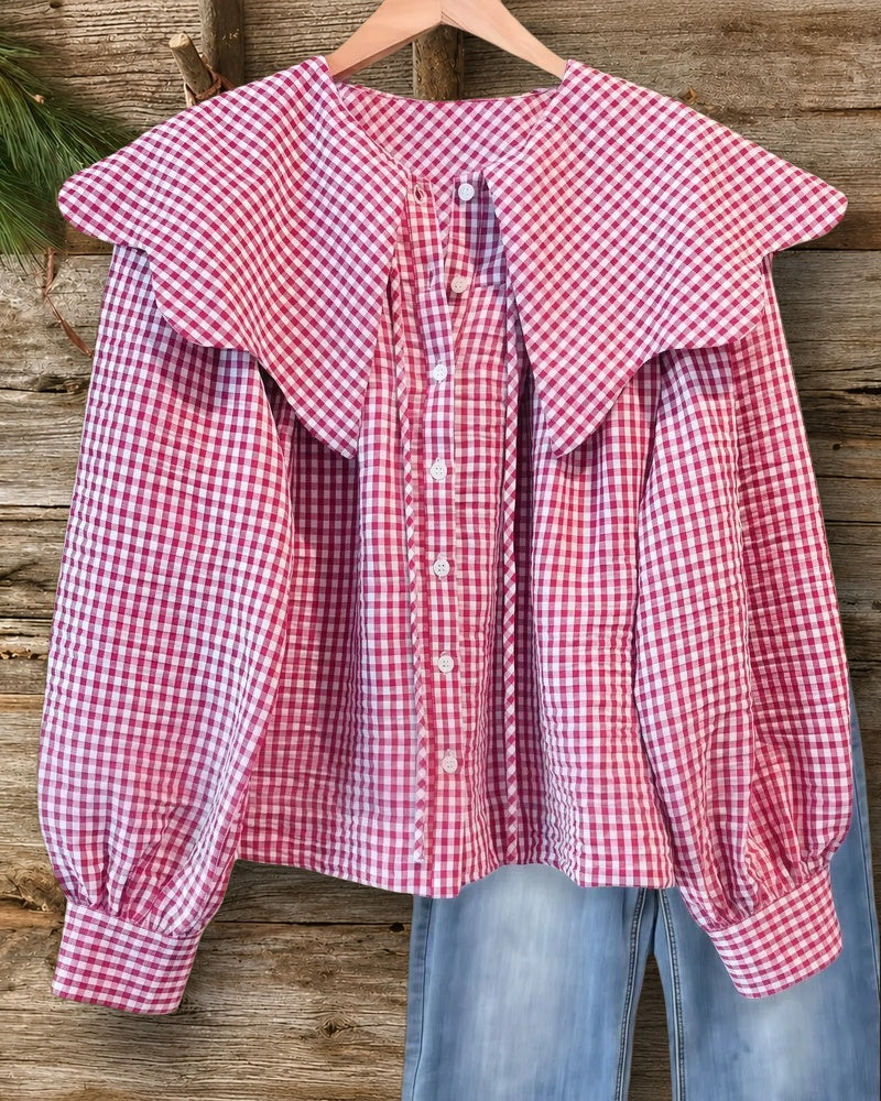 Gingham Cute Tie Neck Button Up Blouse