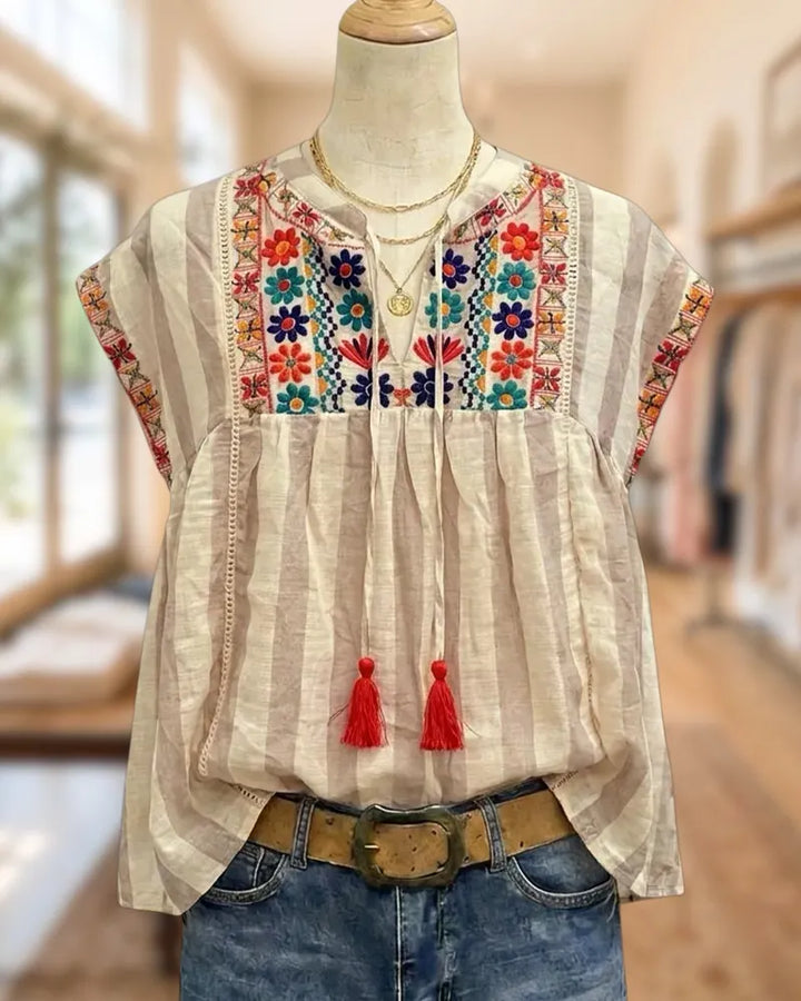 Striped Floral Embroidered Tie Neck Cap Sleeve Loose Blouse