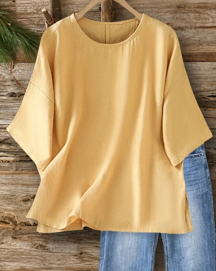 Drop Shoulder Side Slit Loose Casual Breathable Round Neck Blouse
