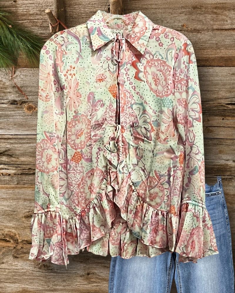 Tie Front Ruffled Hem Flare Sleeve Boho Printed Blouse