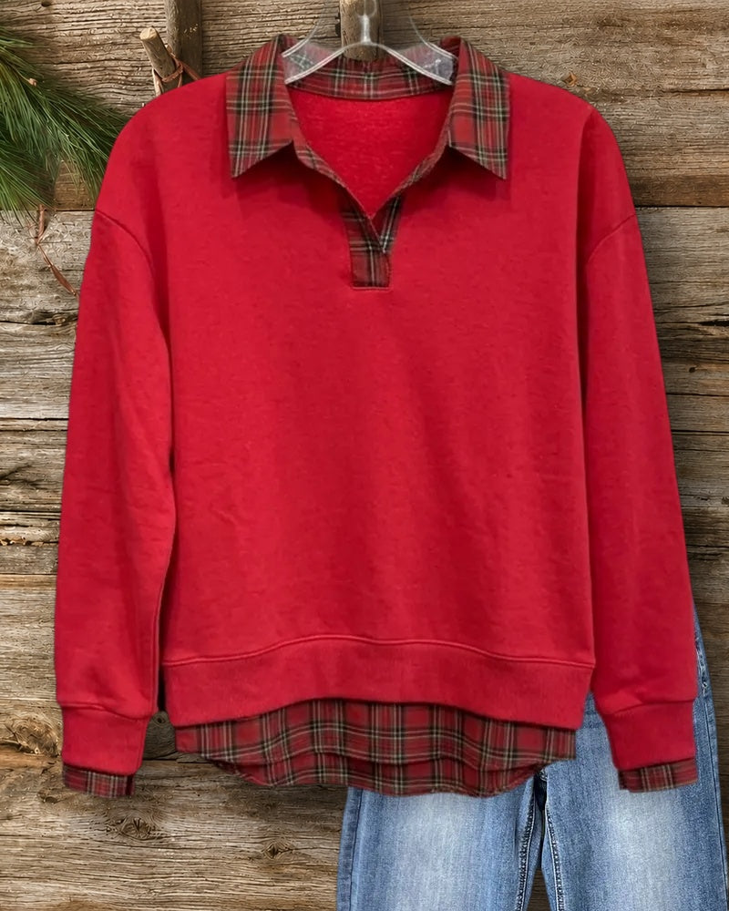 Plaid Trim Collared Fake Two Piece Long Sleeve Sweatshirt