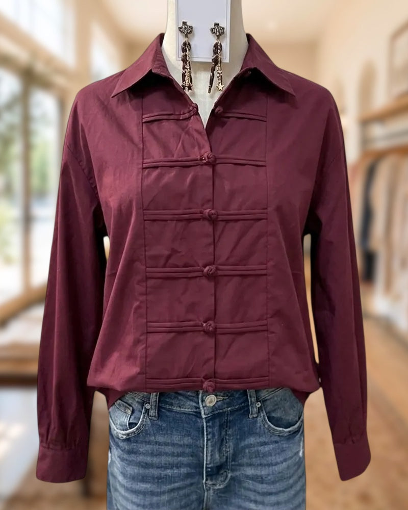 Collared Long Sleeve Frog Knot Closure Front Casual Shirt