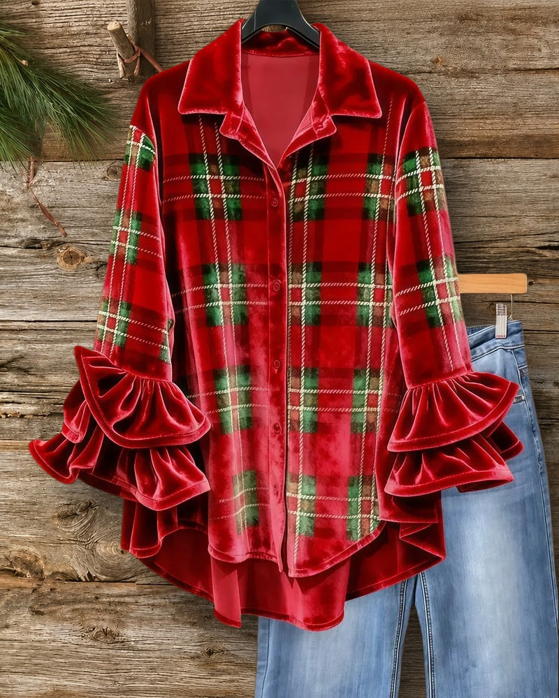 Plaid Velvet Chic Ruffle Sleeve Button Up Blouse