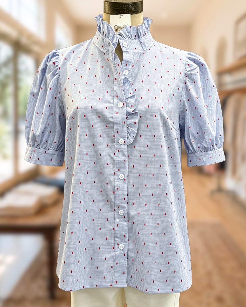 Polka Dot Stand Collar Puff Sleeve Button Front Casual Blouse