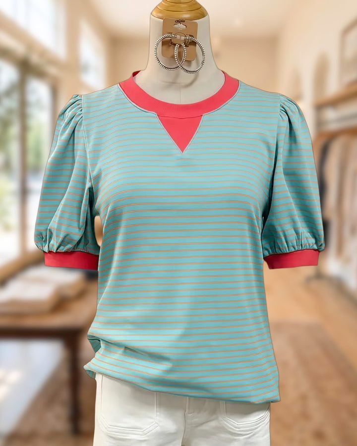 Striped Puff Sleeve Round Neck Commuting Shirt