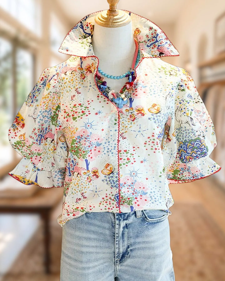 Natural Print Cute Puff Sleeve Button Up Blouse