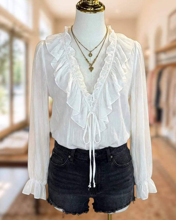 Ruffled V Neck Tie Front Ruffled Cuff Long Sleeve Blouse