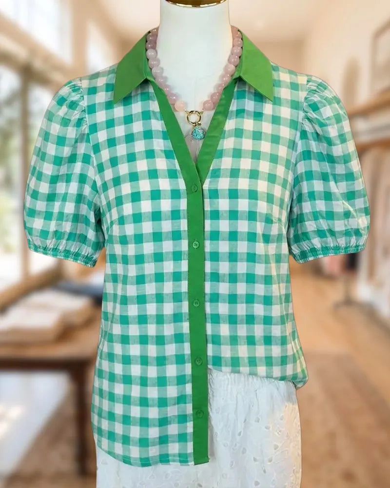 Gingham Contrast Collar Puff Sleeve Button Front Blouse