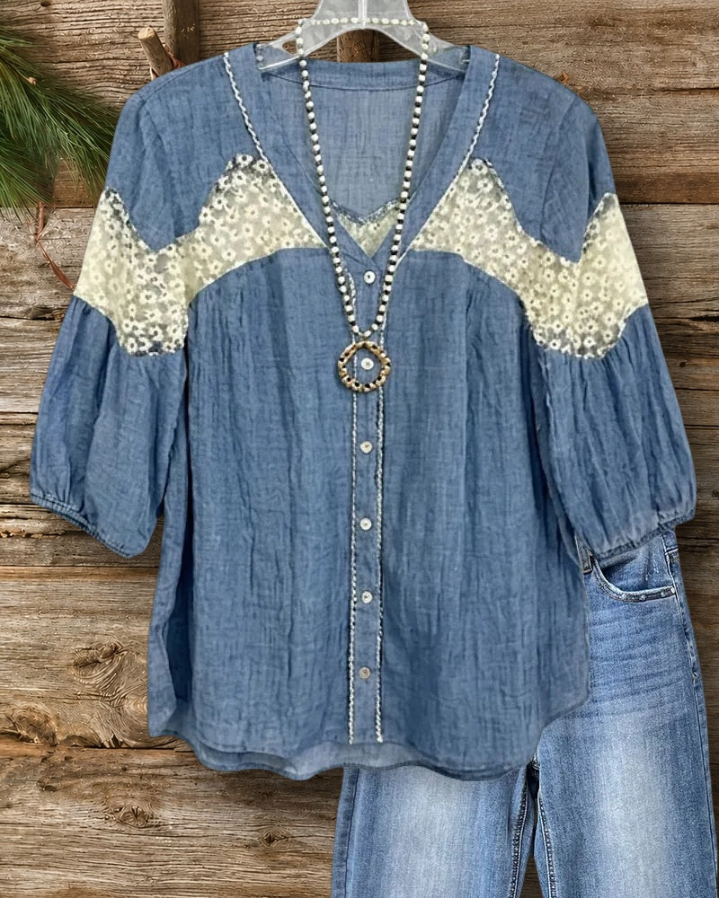 V Neck Lace Patchwork Button Front Puff Sleeve Blouse