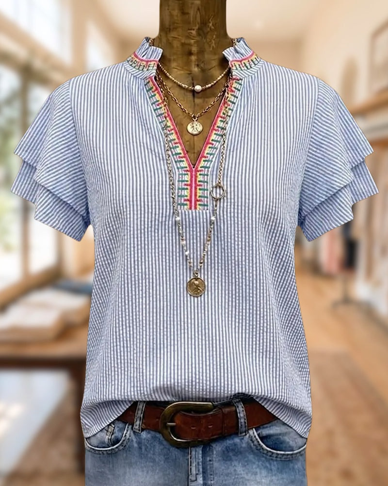 Striped Embroidery Trim V Neck Flutter Sleeve Casual Blouse