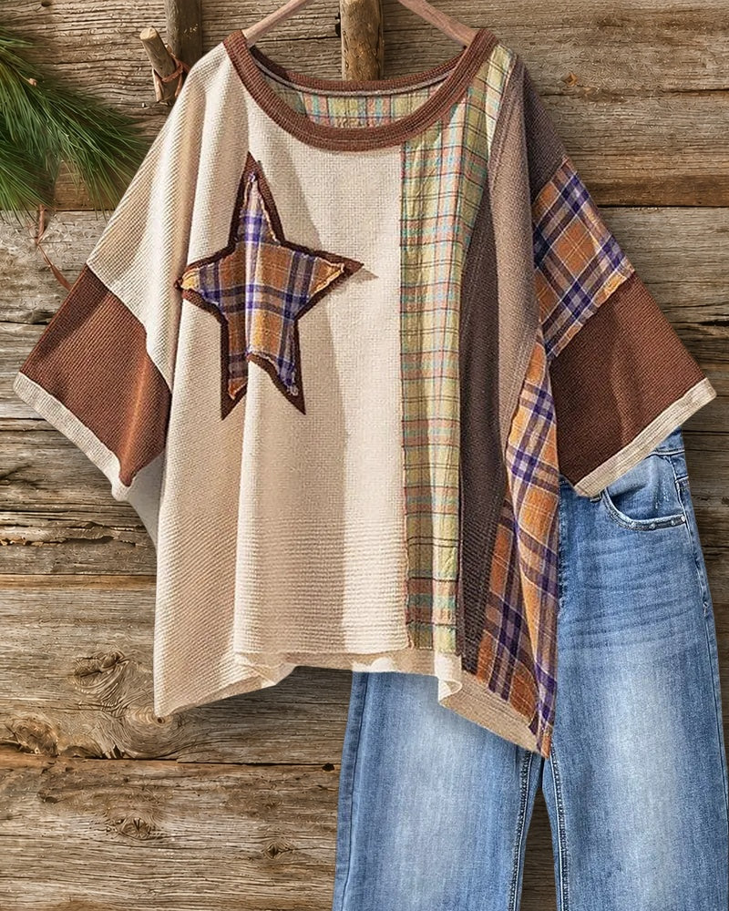 Plaid Patchwork Casual Star Applique Color Block Blouse