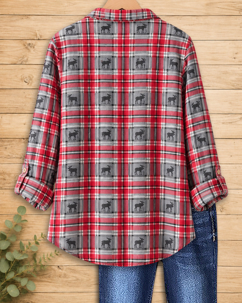 Plaid Moose Print Button Front Collared Long Sleeve Shirt