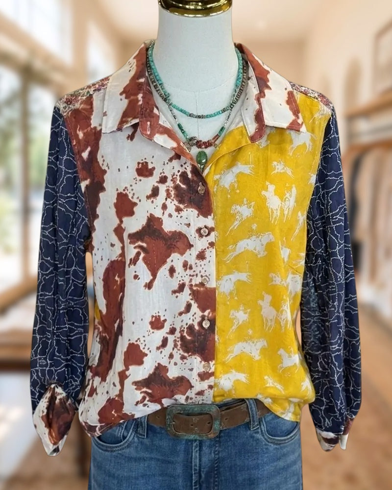 Contrast Panel Printed Collared Button Front Long Sleeve Shirt