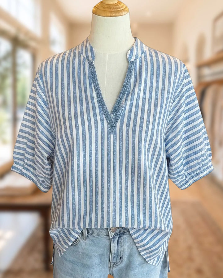 Striped Half Sleeve V-neck Stitch Detail Loose Blouse