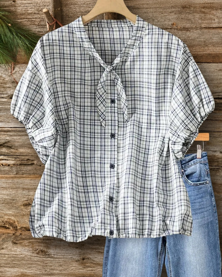 Plaid Tie Neck Button Front Puff Sleeve Casual Blouse