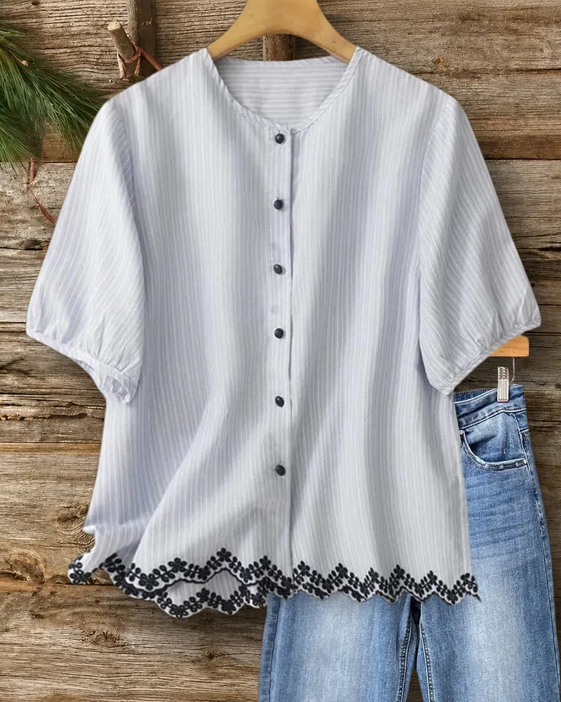 Button Front Puff Sleeve Scalloped Embroidered Hem Striped Blouse