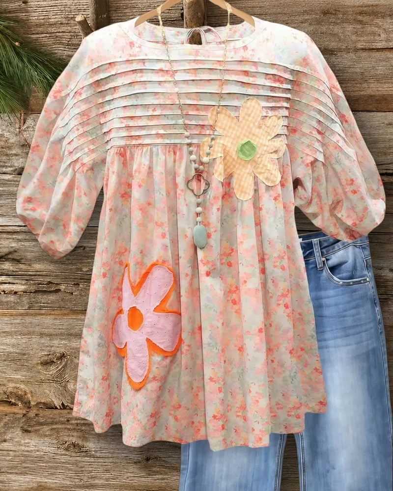 Floral Applique & Print Pleated Relaxed Round Neck T-Shirt