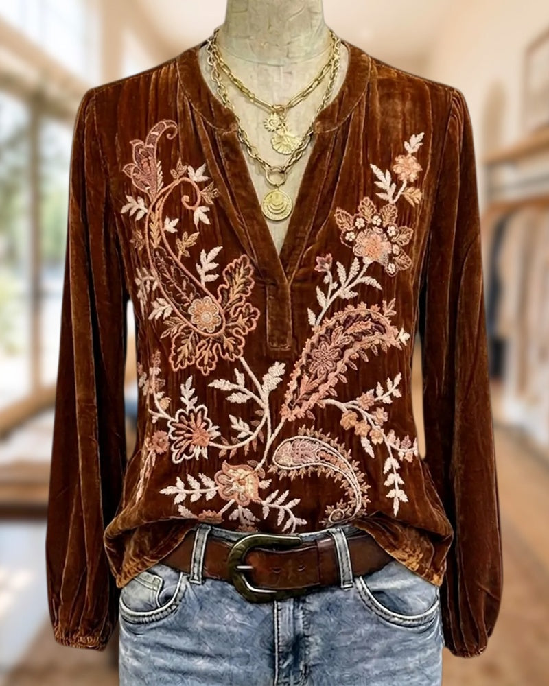 Velvet Floral Embroidery V Neck Long Sleeve Elegant Blouse