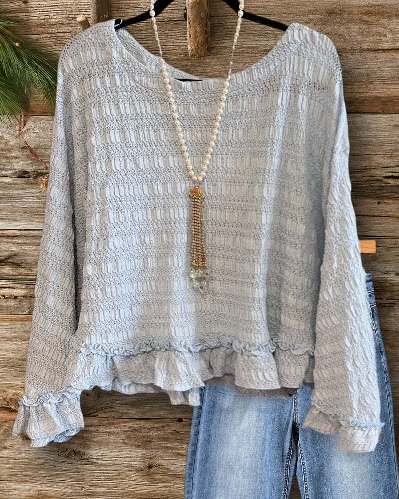 Ruffled Trim Textured Cute Boat Neck Long Sleeve Blouse