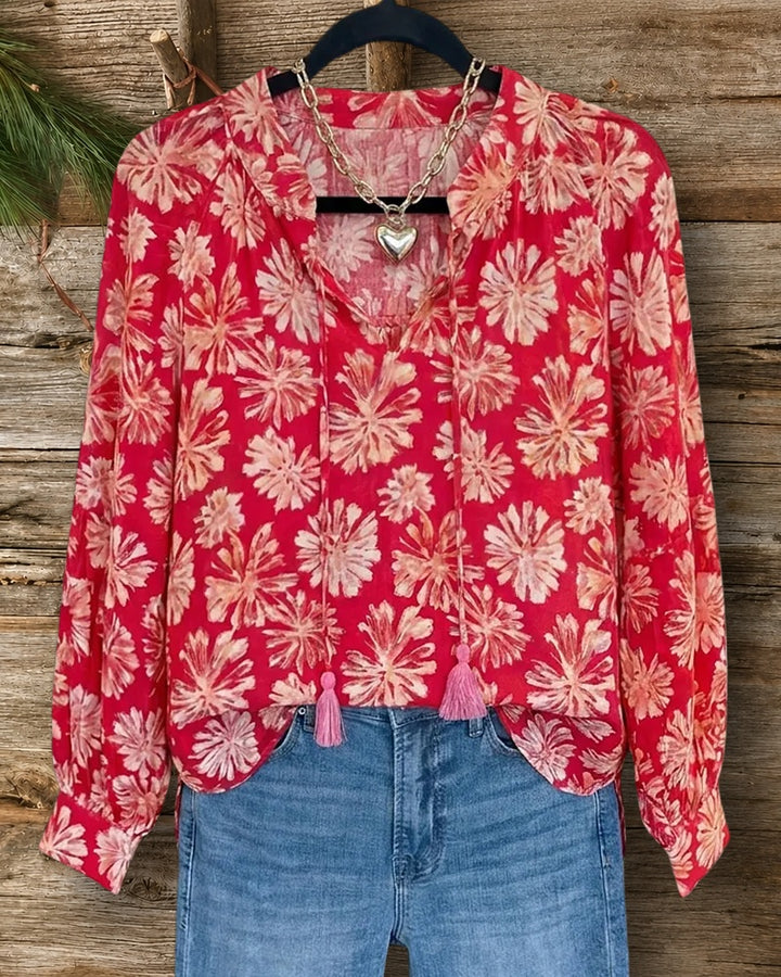 Floral Print Tassel Tie Neck Blouse