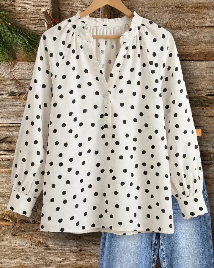 Polka Dot V Neck Half Button Placket Long Sleeve Blouse