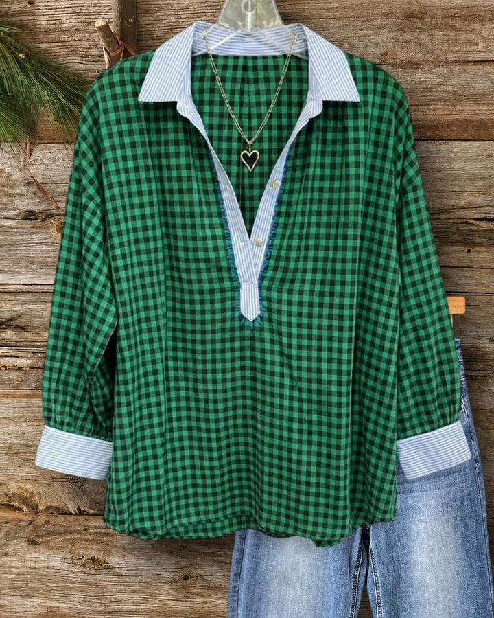 Gingham Contrast Trim Frayed Placket Long Sleeve Shirt
