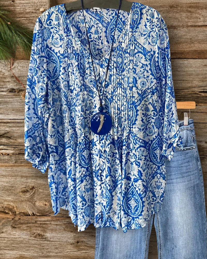 Paisley Print Oriental Pleated Button Down Blouse