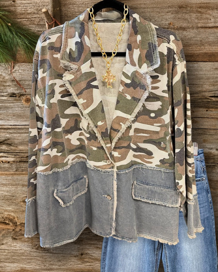 Camo Denim Spliced Frayed Trim Lapel Trendy Jacket