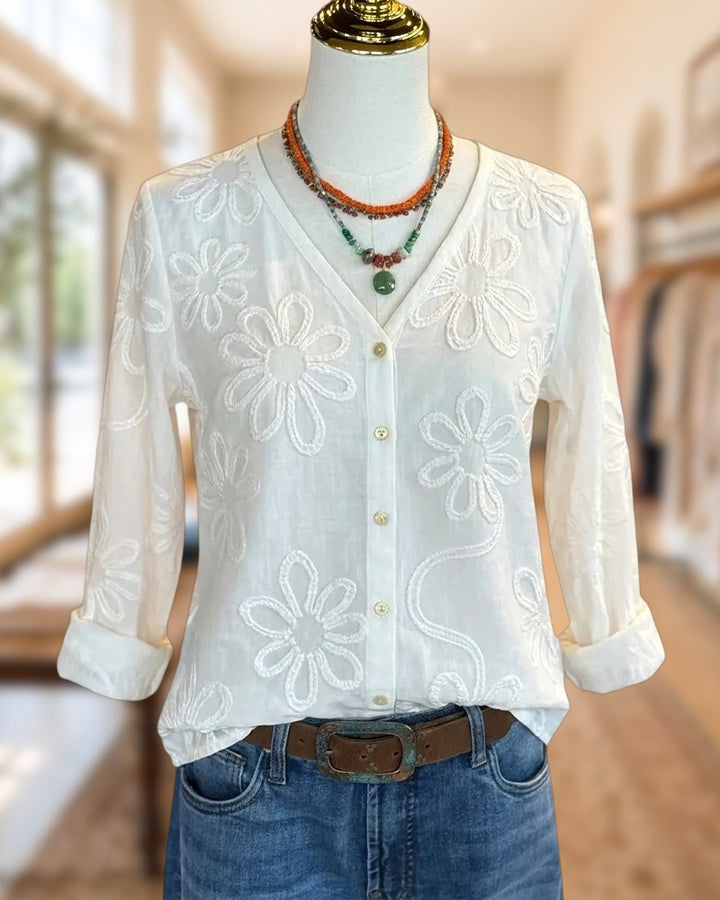 V Neck Floral Embroidered Blouse