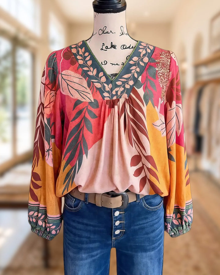 Leaf Print Tropical V Neck Lantern Sleeve Blouse