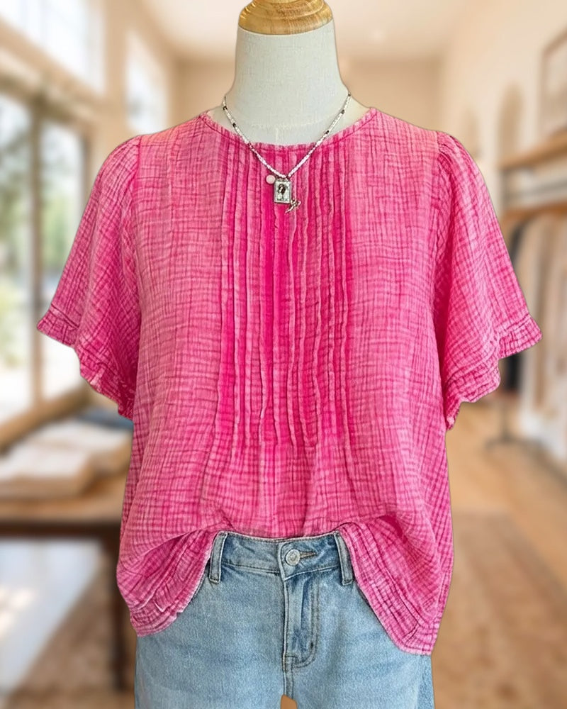 Solid Color Pretty Ruffle Sleeve Round Neck Blouse
