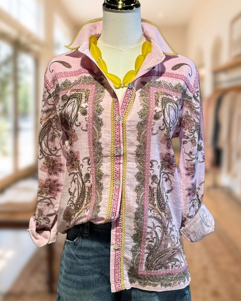 Paisley Print Contrast Trim Button Down Collared Long Sleeve Shirt