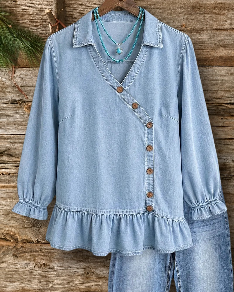 Button Front Ruffled Hem Denim Blouse