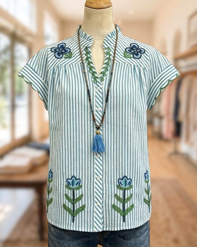 Striped Embroidered Scalloped Sleeve V Neck Button Front Blouse