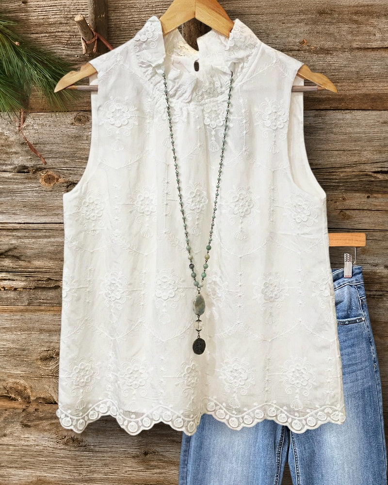Lightweight Boho Embroidered Ruffled Collar Sleeveless Scalloped Hem Blouse