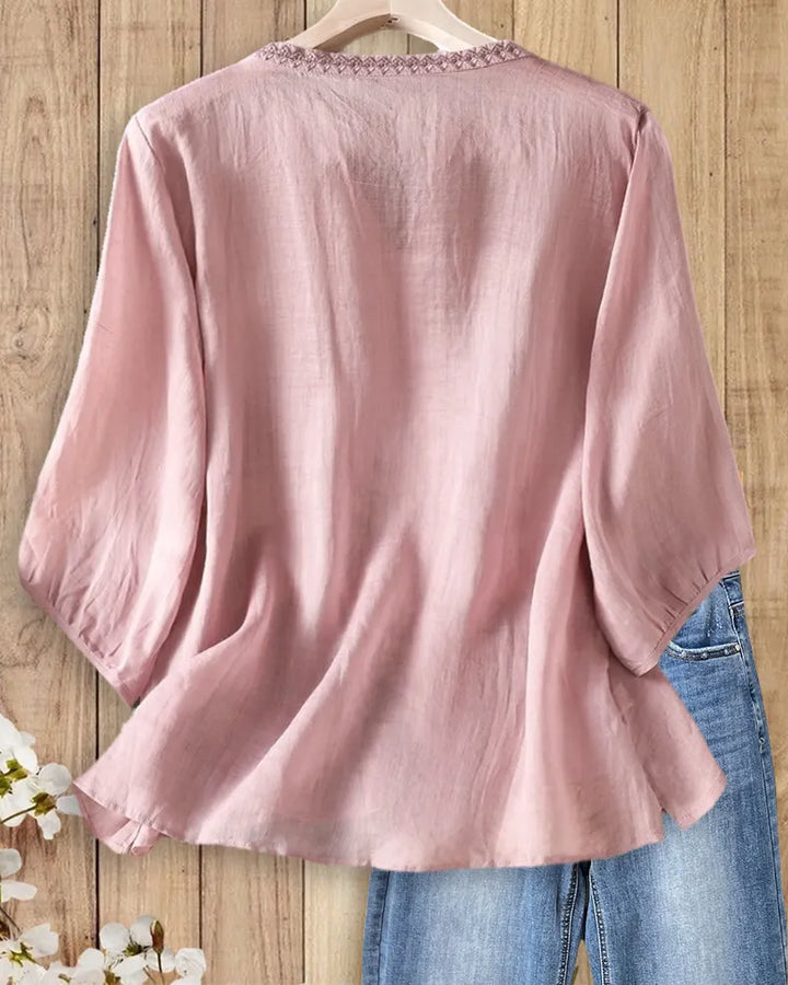 Floral Embroidery V Neck Button Front 3/4 Sleeve Comfortable Blouse
