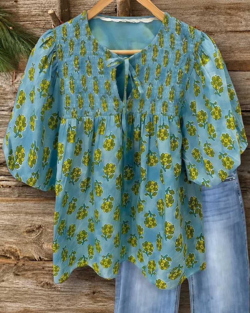 Floral Print Smocked Stunning Puff Sleeve T-Shirt