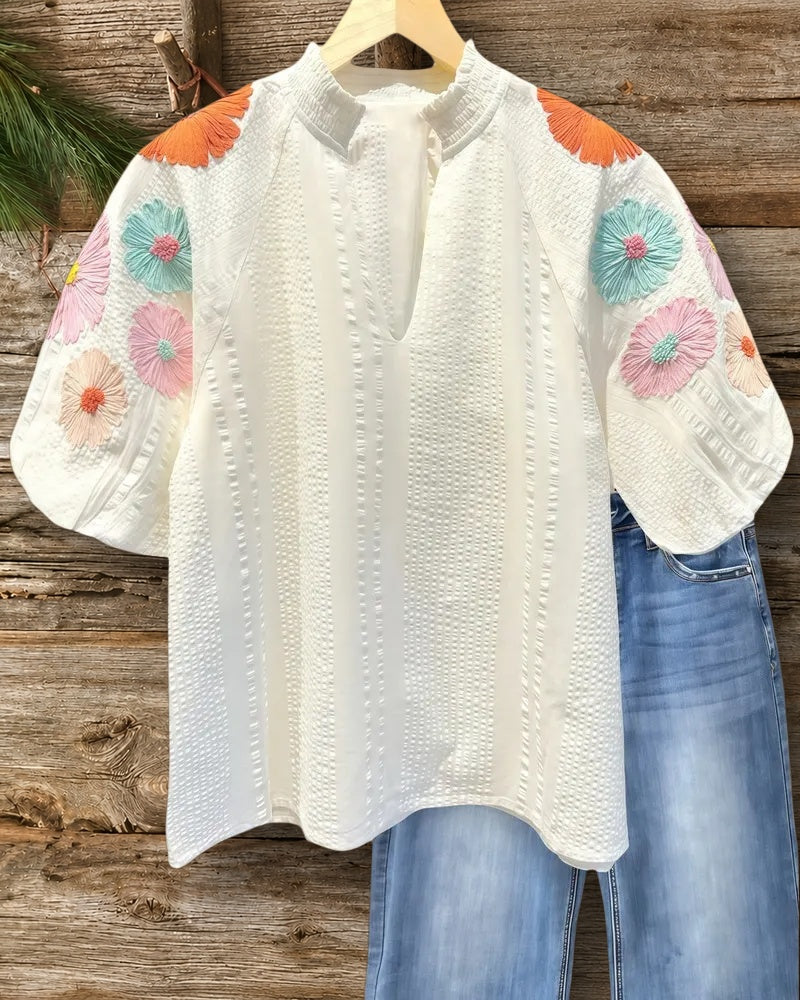 Floral Embroidery Textured Pretty Puff Sleeve Blouse